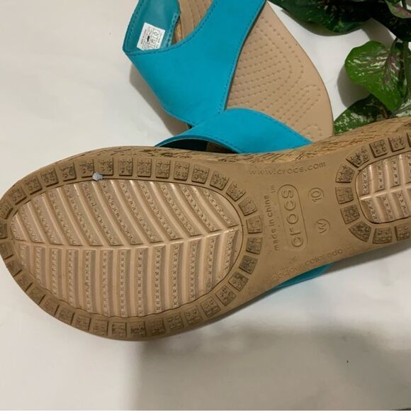 CROCS A-Leigh turquoise Thong. Cork Wedge Flip Flop Sandals Womens Size 10 - Picture 6 of 11